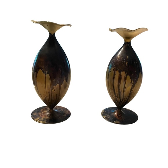 Two Vintage Art Glass Vases 7" Delicate Egg Shell Blown Glass Swirl Brown Gold - Picture 2 of 11